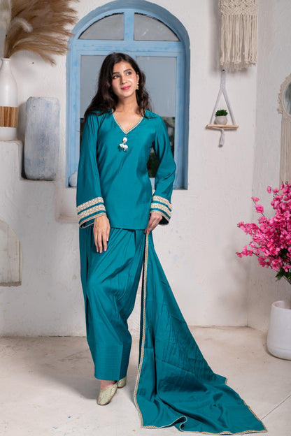 Teal Short Kurta With Farshi Salwar