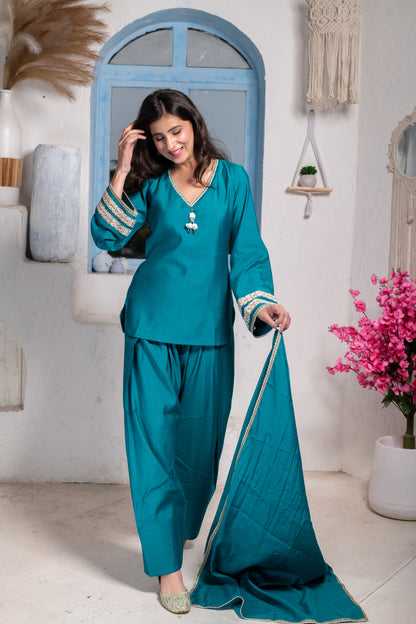 Teal Short Kurta With Farshi Salwar