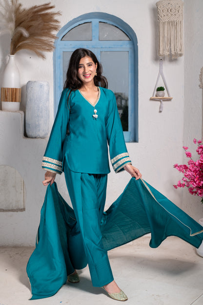 Teal Short Kurta With Farshi Salwar