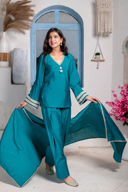 Teal Short Kurta With Farshi Salwar
