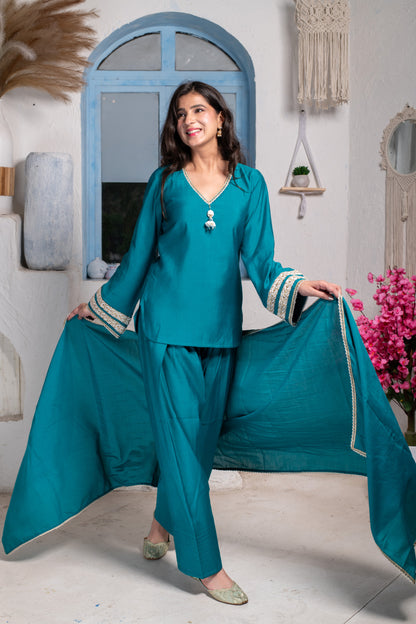 Teal Short Kurta With Farshi Salwar