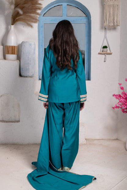 Teal Short Kurta With Farshi Salwar