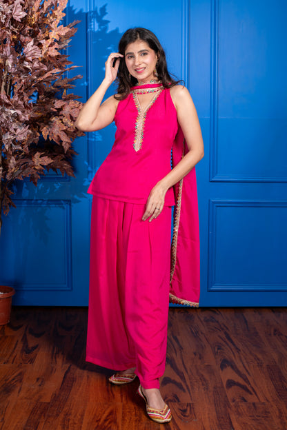 Pink Short Kurta with Pleated Pants