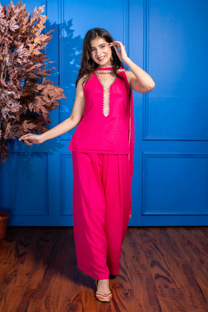 Pink Short Kurta with Pleated Pants