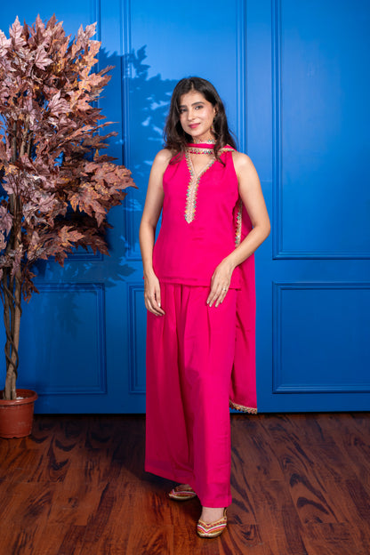 Pink Short Kurta with Pleated Pants