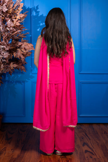Pink Short Kurta with Pleated Pants