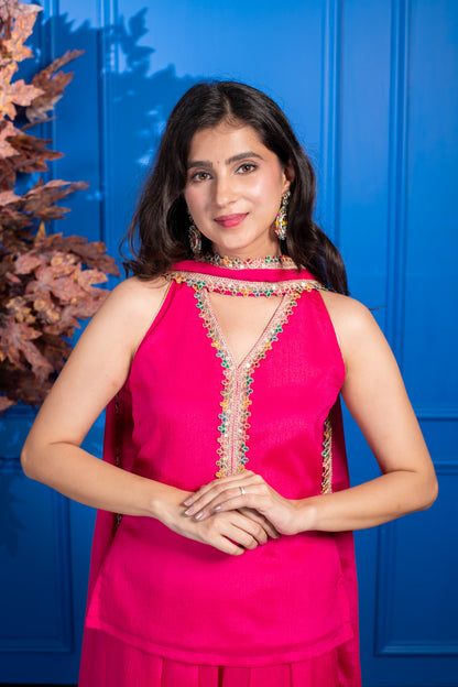 Pink Short Kurta with Pleated Pants