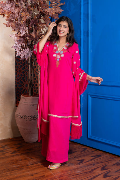 Pink Short Embroidered Bell Sleeves Kurta With Pleated Pants