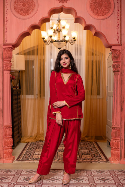 Red Short Kurta with Farshi Salwar
