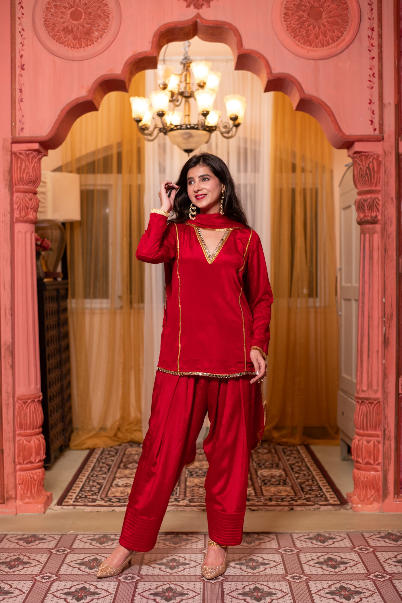 Red Short Kurta with Farshi Salwar