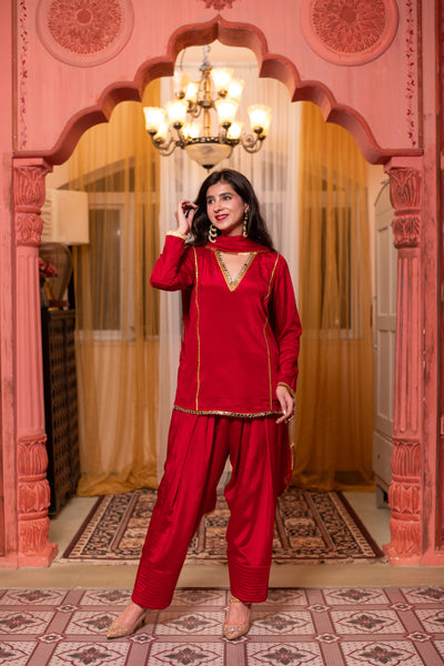 Red Short Kurta with Farshi Salwar