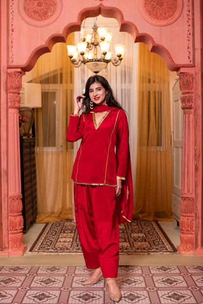 Red Short Kurta with Farshi Salwar