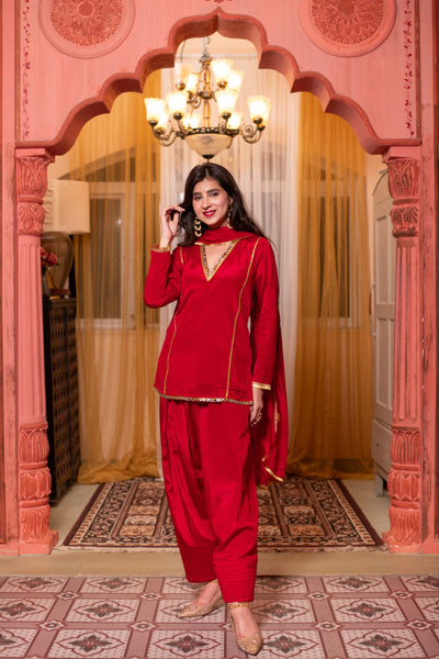 Red Short Kurta with Farshi Salwar