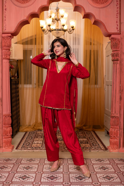 Red Short Kurta with Farshi Salwar