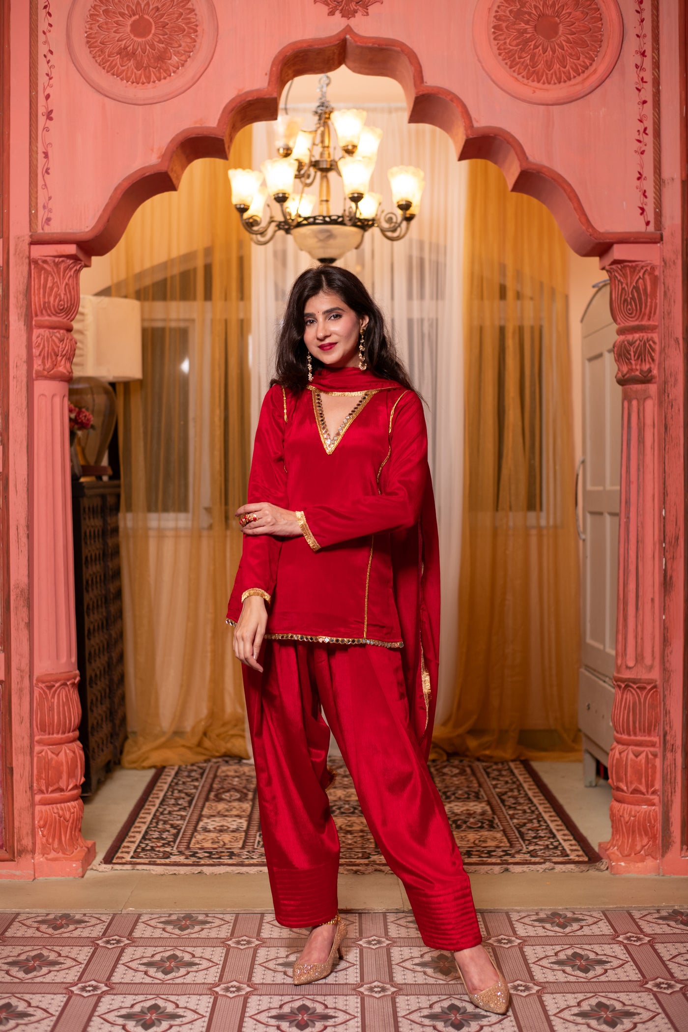 Red Short Kurta with Farshi Salwar
