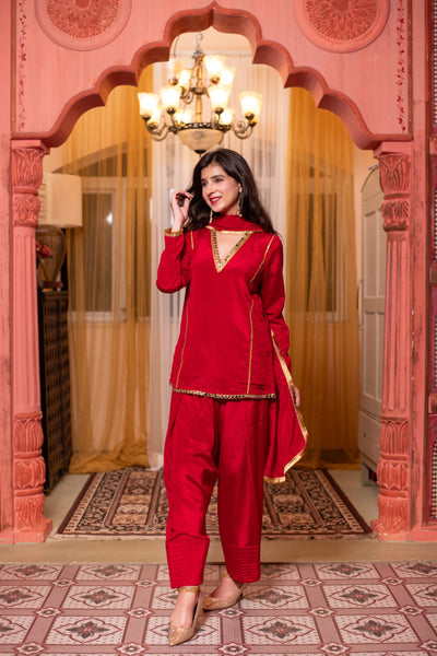 Red Short Kurta with Farshi Salwar