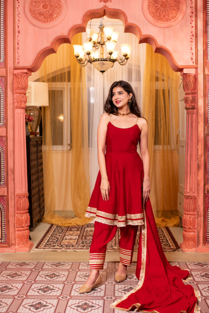 Red Short Anarkali Kurta Set