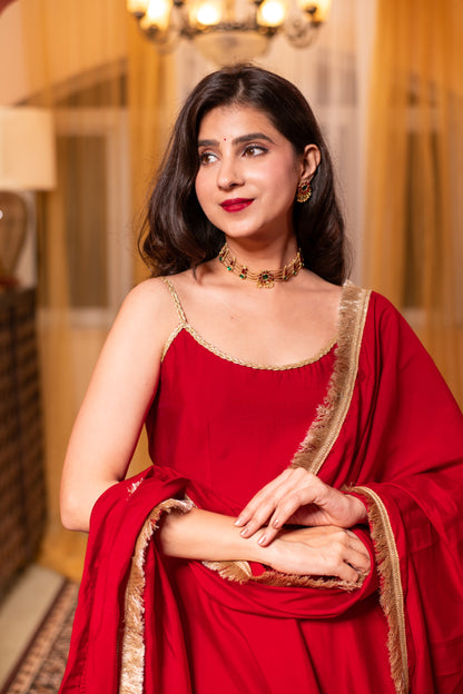 Red Short Anarkali Kurta Set