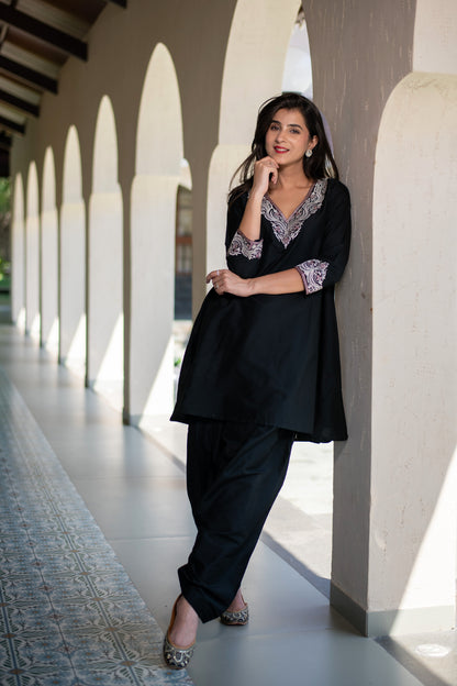 Black Short Kurta Embroidered Co-Ord set.