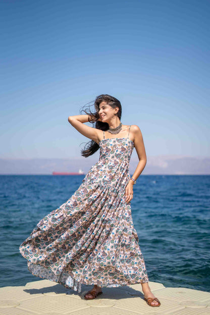 Light Peach Base Self Embroidered Cotton Printed Long Dress