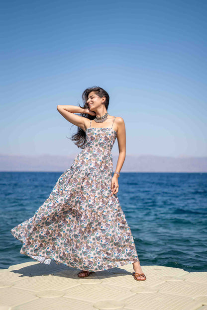 Light Peach Base Self Embroidered Cotton Printed Long Dress