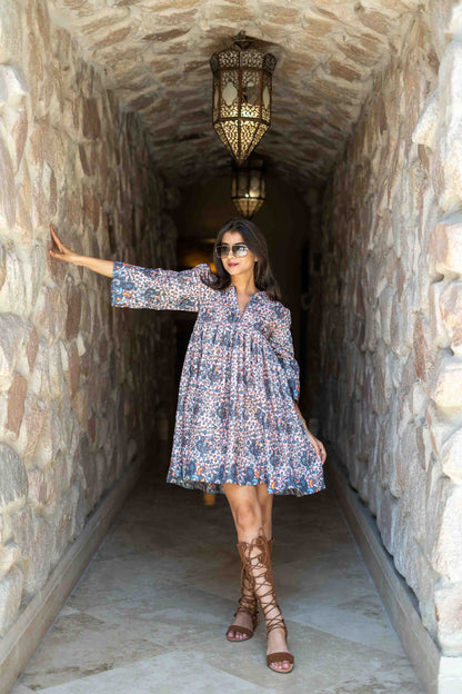 Light Peach Base Self Embroidered Cotton Printed Short Dress