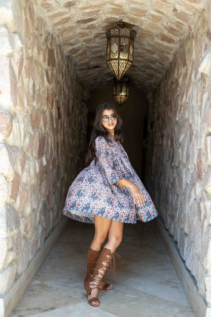 Light Peach Base Self Embroidered Cotton Printed Short Dress