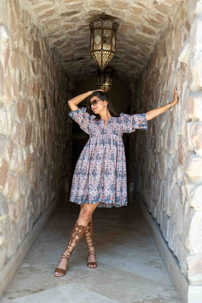 Light Peach Base Self Embroidered Cotton Printed Short Dress