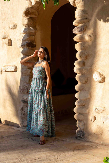 Light Sea Green Base Self Embroidered Cotton Printed Long Dress