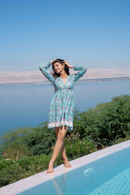 Sea Green Self Embroidered Cotton Printed Short Dress