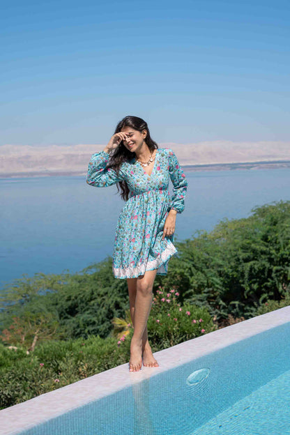 Sea Green Self Embroidered Cotton Printed Short Dress