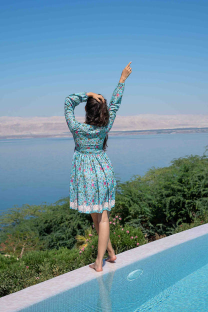 Sea Green Self Embroidered Cotton Printed Short Dress