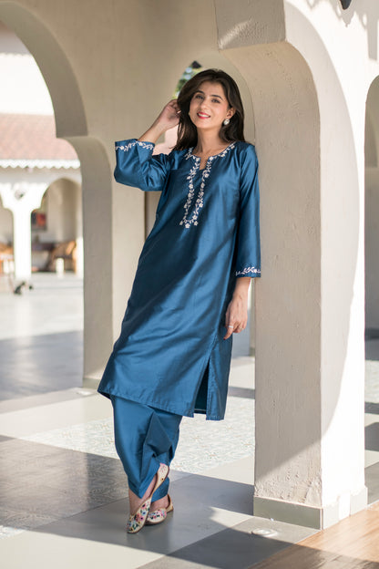 Blue Kurta Embroidery Co-Ord Set