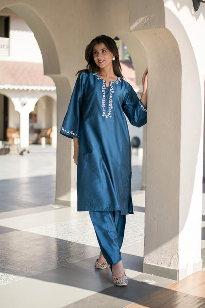 Blue Kurta Embroidery Co-Ord Set