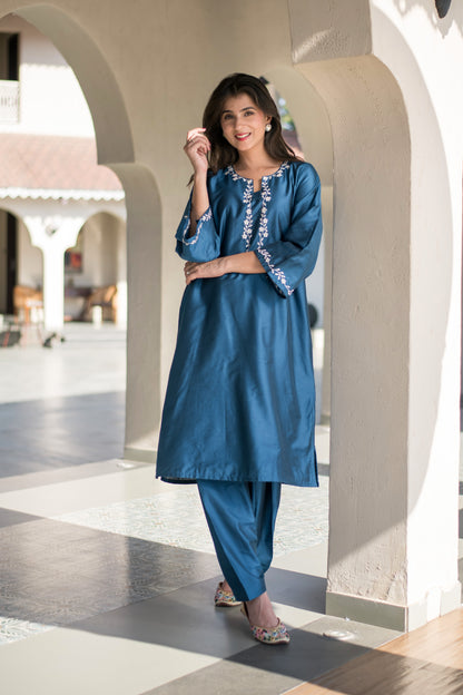 Blue Kurta Embroidery Co-Ord Set