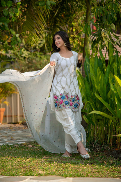 White Multi Color Thread Work Patiala Set