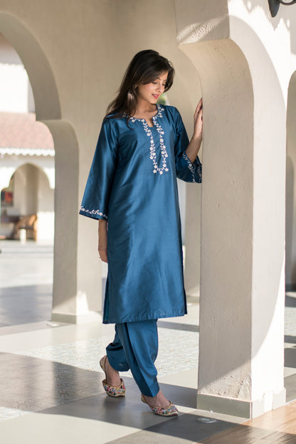 Blue Kurta Embroidery Co-Ord Set