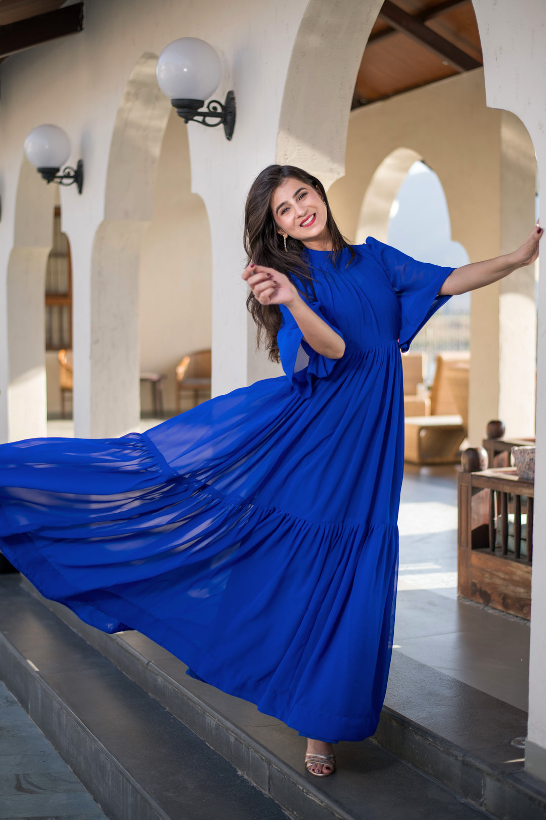 blue georgette dress Vic Georgette Tie Waist Dress