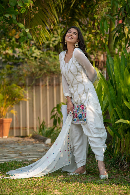 White Multi Color Thread Work Patiala Set