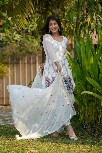 White Multi Color Thread Work Patiala Set