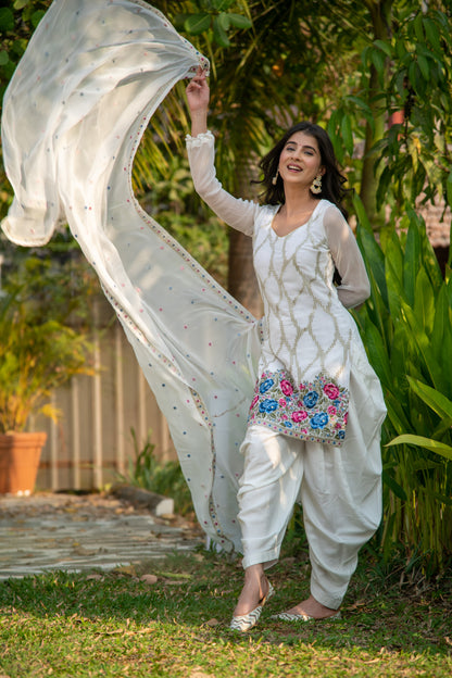 White Multi Color Thread Work Patiala Set