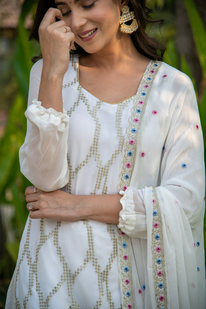 White Multi Color Thread Work Patiala Set