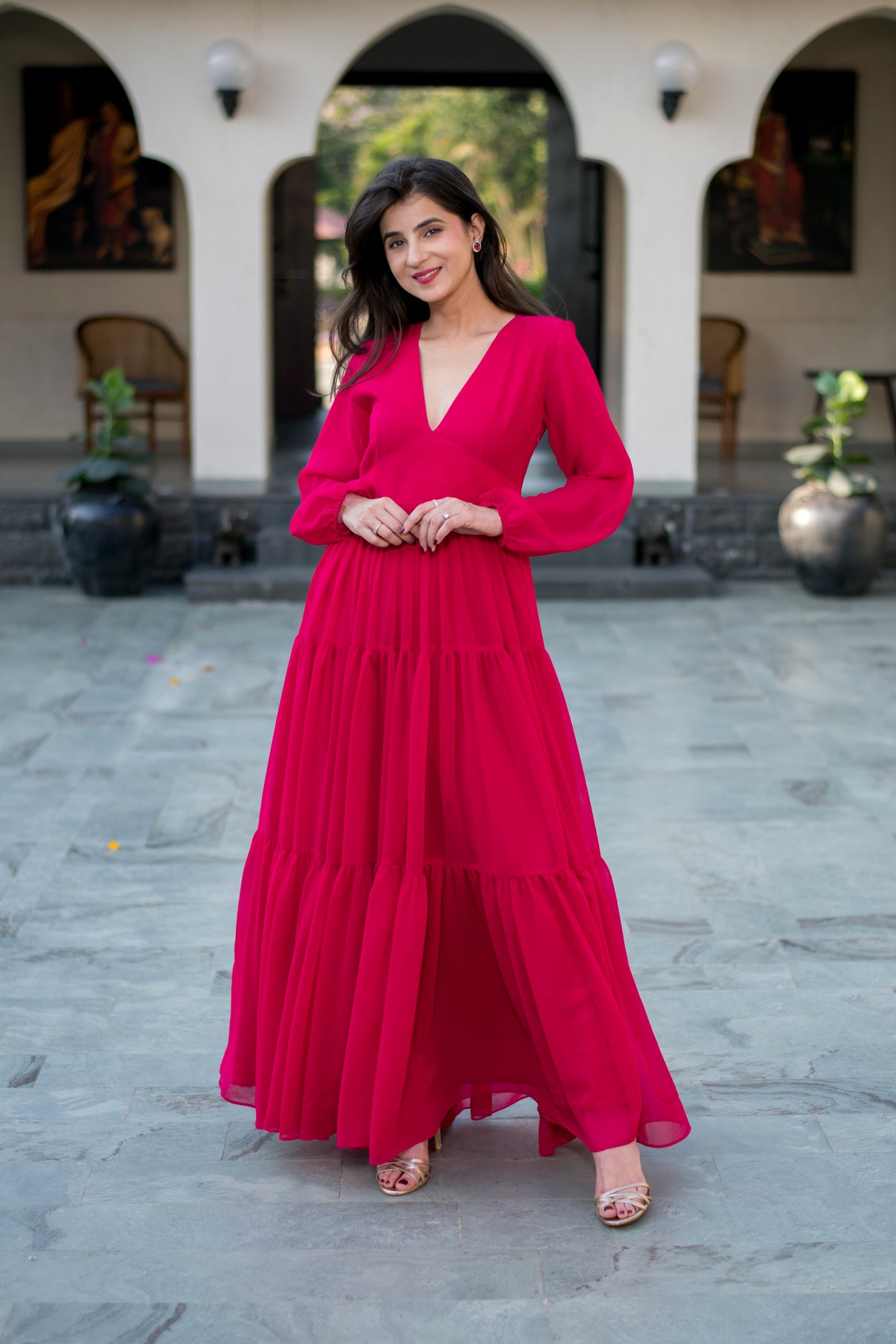 georgette floor length dress RED LONG SLEEVE GEORGETTE DRESS, 1X/2X / RED by mat AMOUR781
