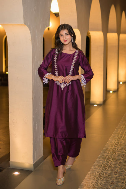 Wine Kurta Embroidery Co-Ord Set