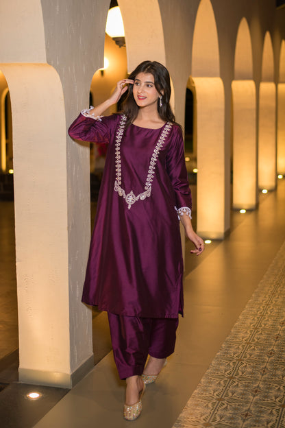 Wine Kurta Embroidery Co-Ord Set
