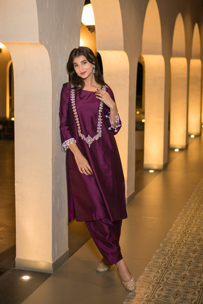 Wine Kurta Embroidery Co-Ord Set