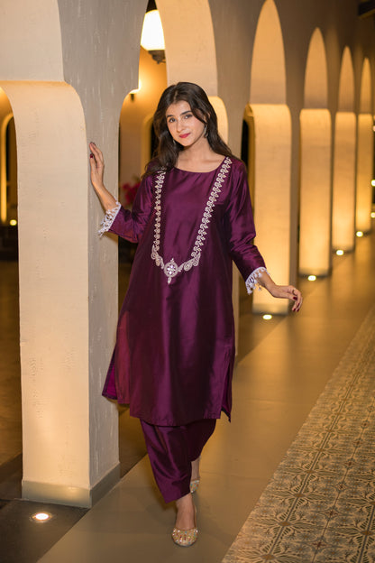 Wine Kurta Embroidery Co-Ord Set