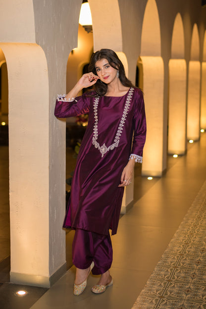 Wine Kurta Embroidery Co-Ord Set