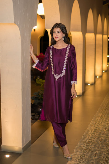 Wine Kurta Embroidery Co-Ord Set