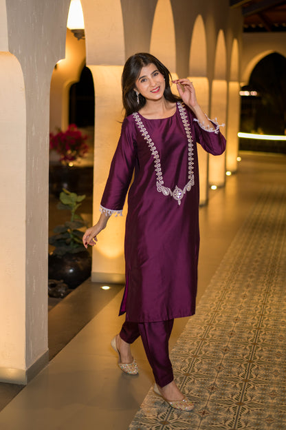 Wine Kurta Embroidery Co-Ord Set